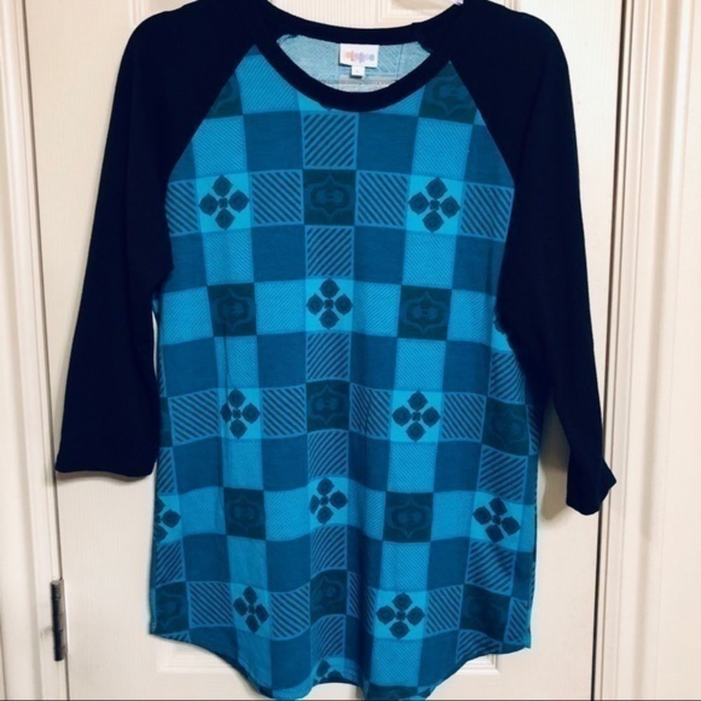 Fun Lularoe Top in Blue with geometric Pattern